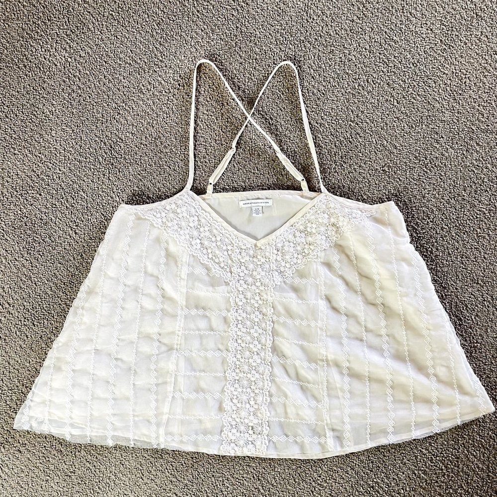 American Eagle Camisole Baby Doll Women's L Ivory Lace Cropped Boho Tank Top